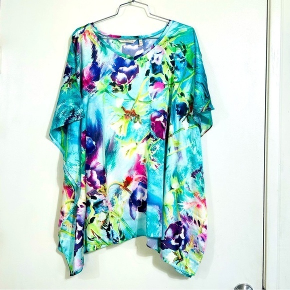 Soft Surroundings Tunic Turquoise Floral Soft Flowy Cold Shoulder- Size S/M
